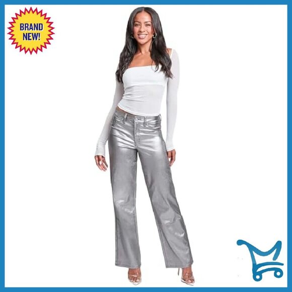 High Rise Straight Leg Metallic Pants Women's Hyperstretch Rayon Nylon Spandex - Picture 5 of 8